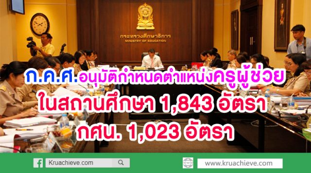 ก.ค.ศ.อนุมัติกำหนดตำแหน่งครูผู้ช่วย ในสถานศึกษา จำนวน 1843 อัตรา และสำนักงาน กศน. (1023 อัตรา)