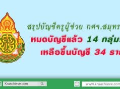 ข้อมูลการเรียกบรรจุครูผู้ช่วย บัญชี กศจ.สมุทรสาคร ปี 2561 หมดบัญชีแล้ว 14 กลุ่มวิชา เหลือขึ้นบัญชี 34 ราย