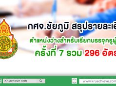 กศจ.ชัยภูมิ สรุปรายละเอียดตำแหน่งว่างสำหรับเรียกบรรจุครูผู้ช่วย ครั้งที่ 7 รวม 296 อัตรา