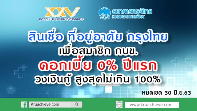 สินเชื่อ ที่อยู่อาศัย กรุงไทย เพื่อสมาชิก กบข. ดอกเบี้ย พิเศษ 0% ปีแรก วงเงินกู้ สูงสุดไม่เกิน 100%