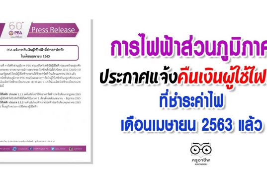 การไฟฟ้าส่วนภูมิภาค ประกาศแจ้งคืนเงินผู้ใช้ไฟฟ้าที่ชำระค่าไฟเดือนเมษายน 2563