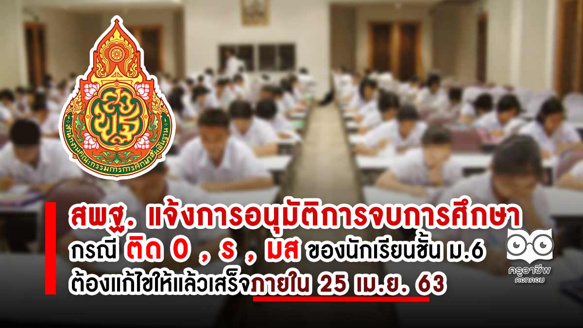 สพฐ. แจ้งการอนุมัติการจบการศึกษา กรณีติด 0 , ร , มส ของนักเรียนชั้น ม.6 ต้องแก้ไขให้แล้วเสร็จภายใน 25 เม.ย. 63