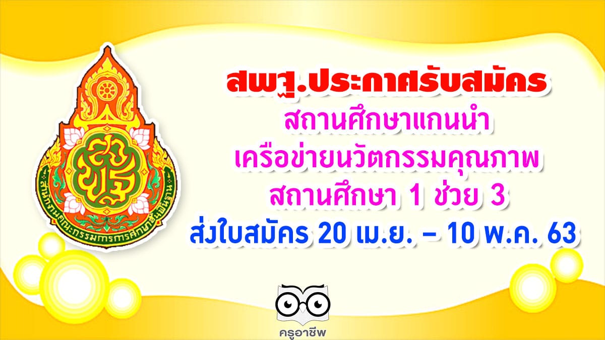 สพฐ.ประกาศรับสมัครสถานศึกษาแกนนำ เครือข่ายนวัตกรรมคุณภาพสถานศึกษา 1 ช่วย 3 ส่งใบสมัคร 20 เม.ย. – 10 พ.ค. 63