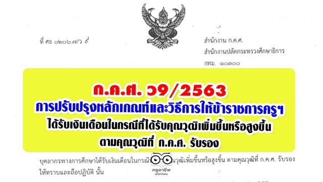 ว9/2563 การปรับปรุงหลักเกณฑ์และวิธีการให้ข้าราชการครูฯ ได้รับเงินเดือนในกรณีที่ได้รับคุณวุฒิเพิ่มขึ้นหรือสูงขึ้น ตามคุณวุฒิที่ ก.ค.ศ. รับรอง