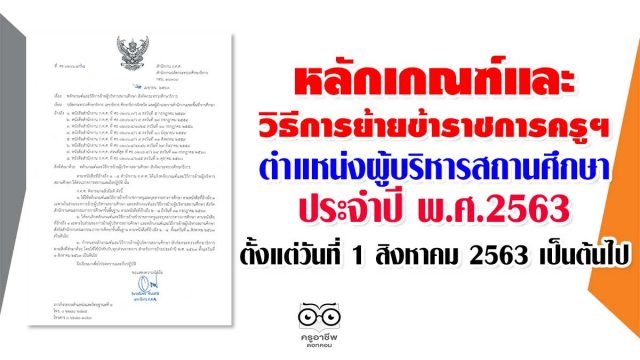 หลักเกณฑ์และวิธีการย้ายข้าราชการครูฯ ตำแหน่งผู้บริหารสถานศึกษา ประจําปี พ.ศ.2563 ตั้งแต่วันที่ 1 สิงหาคม 2563 เป็นต้นไป