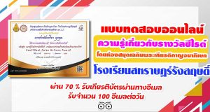 ขอเชิญทำแบบทดสอบออนไลน์ ความรู้เกี่ยวกับรางวัลซีไรต์ โดยห้องสมุดเฉลิมพระเกียรติกาญจนาภิเษก โรงเรียนสหราษฎร์รังสฤษดิ์ ผ่าน 70 % รับเกียรติบัตรผ่านทางอีเมล รับจำนวน 100 อีเมลต่อวัน