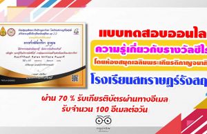 ขอเชิญทำแบบทดสอบออนไลน์ ความรู้เกี่ยวกับรางวัลซีไรต์ โดยห้องสมุดเฉลิมพระเกียรติกาญจนาภิเษก โรงเรียนสหราษฎร์รังสฤษดิ์ ผ่าน 70 % รับเกียรติบัตรผ่านทางอีเมล รับจำนวน 100 อีเมลต่อวัน