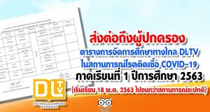 ส่งต่อถึงผู้ปกครอง ตารางการจัดการศึกษาทางไกล DLTV ในสถานการณ์โรคติดเชื้อ COVID-19 ภาคเรียนที่ 1 ปีการศึกษา 2563 (เริ่มเรียน 18 พ.ค. 2563 ไปจนกว่าสถานการณ์จะปกติ)