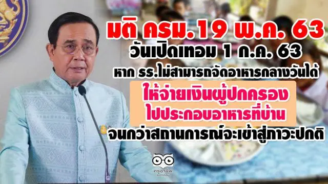 1 ก.ค. หาก รร.ไม่สามารถจัดอาหารกลางวันได้ ให้จ่ายเงินผู้ปกครองไปประกอบอาหารที่บ้าน จนกว่าสถานการณ์จะเข้าสู่ภาวะปกติ