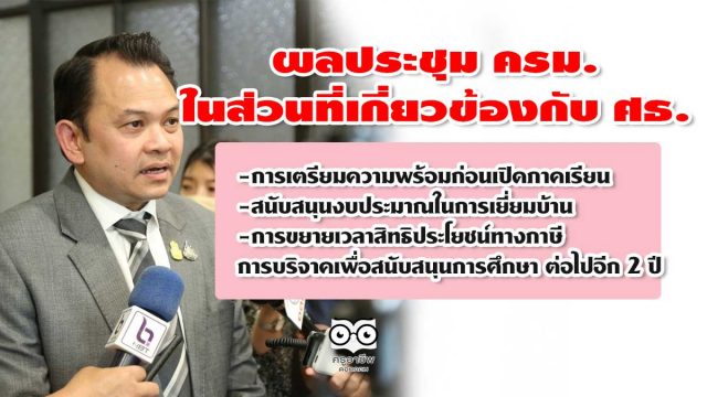 ผลประชุม ครม. ในส่วนที่เกี่ยวข้องกับ ศธ. 2 มิ.ย.2563 การเตรียมความพร้อมก่อนเปิดภาคเรียน สนับสนุนงบประมาณในการเยี่ยมบ้าน และการขยายเวลาสิทธิประโยชน์ทางภาษี การบริจาคเพื่อสนับสนุนการศึกษา​ ต่อไปอีก 2 ปี