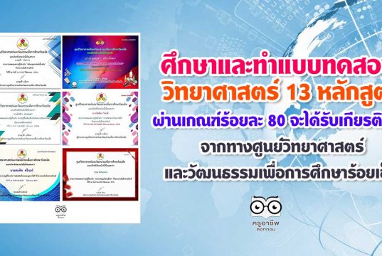 ศึกษาและทำแบบทดสอบ 13 หลักสูตร ผ่านเกณฑ์ร้อยละ 80 จะได้รับเกียรติบัตรจากทางศูนย์วิทยาศาสตร์และวัฒนธรรมเพื่อการศึกษาร้อยเอ็ด