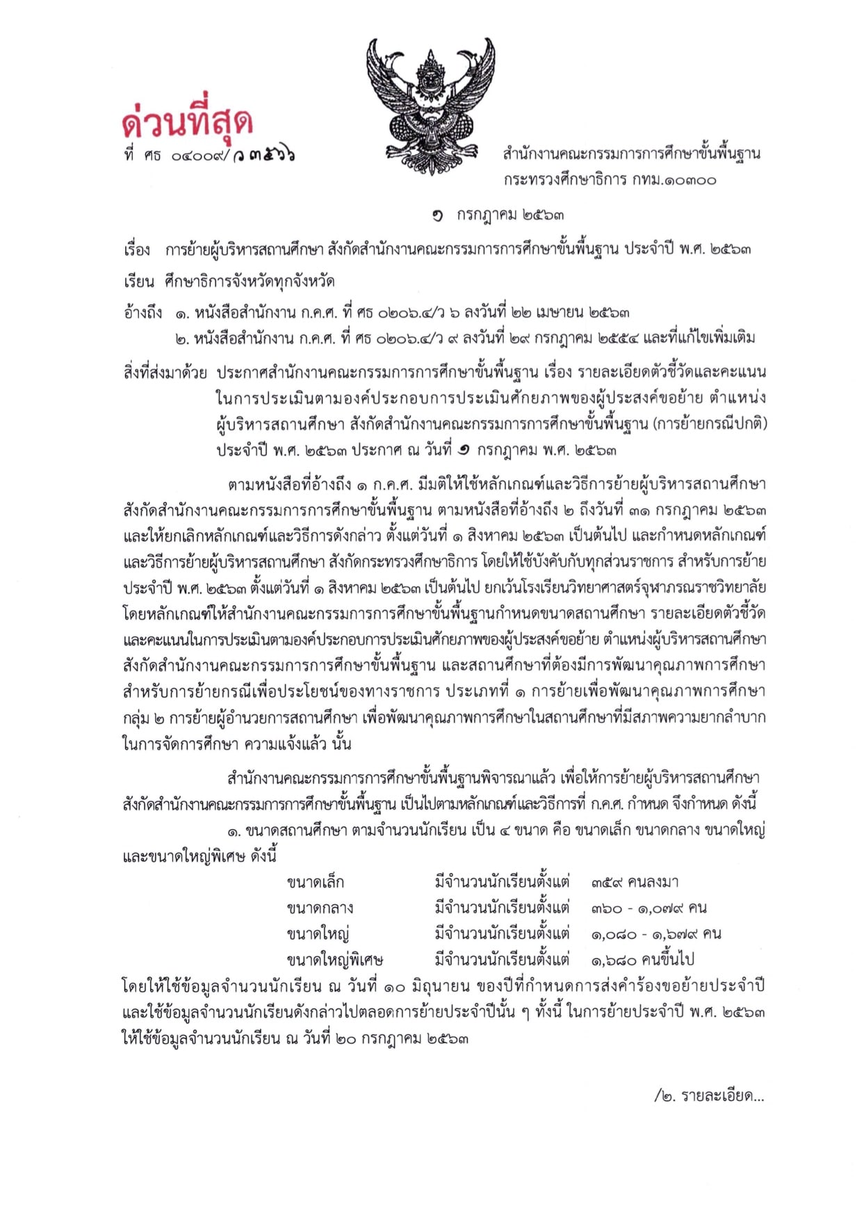 ด่วนที่สุด!! การย้ายผู้บริหารสถานศึกษา สังกัด สพฐ. ประจำปี พ.ศ. 2563