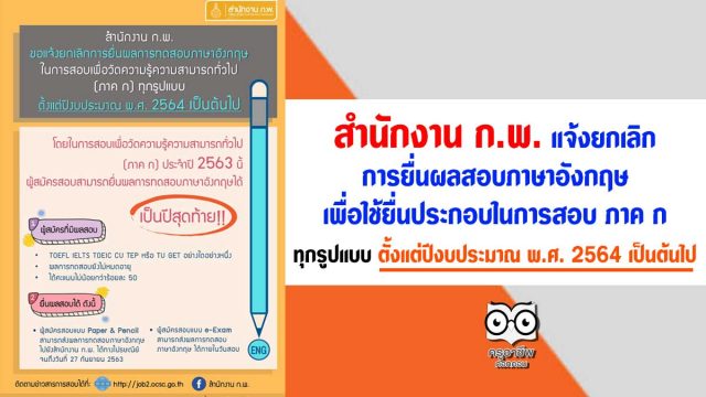 สำนักงาน ก.พ. แจ้งยกเลิกการยื่นผลสอบภาษาอังกฤษ เพื่อใช้ยื่นประกอบในการสอบ ภาค ก ทุกรูปแบบ ตั้งแต่ปีงบประมาณ พ.ศ. 2564 เป็นต้นไป