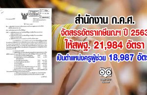 ก.ค.ศ.จัดสรรอัตราเกษียณฯ ปี 2563 ให้สพฐ. 21,984 อัตรา เป็นตำแหน่งครูผู้ช่วย 18,987 อัตรา