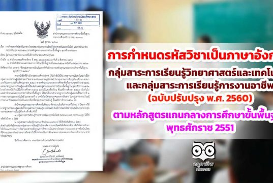 การกำหนดรหัสวิชาเป็นภาษาอังกฤษของกลุ่มสาระการเรียนรู้วิทยาศาสตร์และเทคโนโลยี และกลุ่มสาระการเรียนรู้การงานอาชีพ (ฉบับปรับปรุง พ.ศ. 2560) ตามหลักสูตรแกนกลางการศึกษาขั้นพื้นฐาน พุทธศักราช 2551