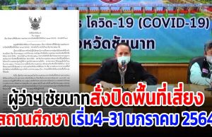 ผู้ว่าฯ ชัยนาท สั่งปิดพื้นที่เสี่ยง-สถานศึกษา 4-31 มกราคม 2564 หลังพบผู้ติดเชื้อพุ่ง 8 ราย