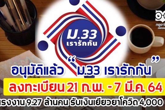 อนุมัติแล้ว “ม.33 เรารักกัน” ลงทะเบียน 21 ก.พ. - 7 มี.ค.64 แรงงาน 9.27 ล้านคน รับเงินเยียวยาโควิด 4,000 บ.