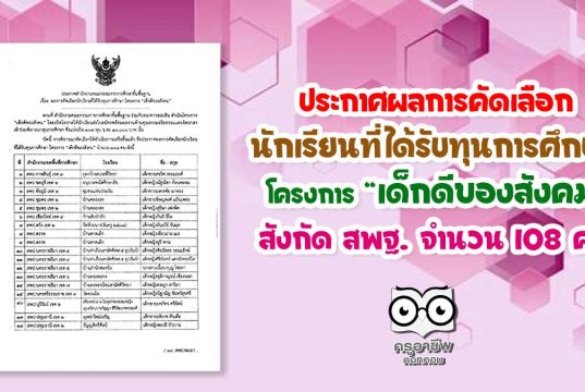 ประกาศผลการคัดเลือก นักเรียนที่ได้รับทุนการศึกษา โครงการ “เด็กดีของสังคม” สังกัด สพฐ. จำนวน 108 คน