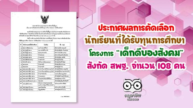 ประกาศผลการคัดเลือก นักเรียนที่ได้รับทุนการศึกษา โครงการ “เด็กดีของสังคม” สังกัด สพฐ. จำนวน 108 คน