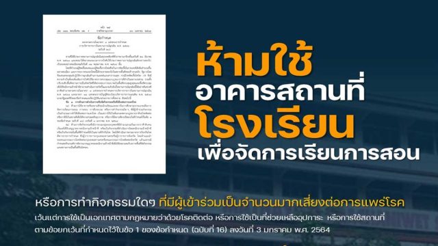 ราชกิจจานุเบกษา เผยแพร่ข้อกำหนดสถานการณ์ฉุกเฉิน (ฉบับที่ 20) ห้ามการใช้อาคารสถานที่โรงเรียนเพื่อจัดการเรียนการสอนฯ