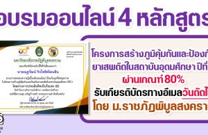 อบรมออนไลน์ 4 หลักสูตร โครงการสร้างภูมิคุ้มกันและป้องกันยาเสพติดในสถาบันอุดมศึกษา ปีที่ 2 ผ่านเกณฑ์ รับเกียรติบัตรทางอีเมล โดยมหาวิทยาลัยราชภัฏพิบูลสงคราม