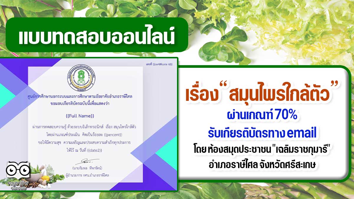 แบบทดสอบความรู้ออนไลน์ เรื่อง สมุนไพรใกล้ตัว ผ่านเกณฑ์ 70% รับเกียรติบัตรออนไลน์โดยห้องสมุดประชาชน "เฉลิมราชกุมารี" อำเภอราษีไศล จังหวัดศรีสะเกษ