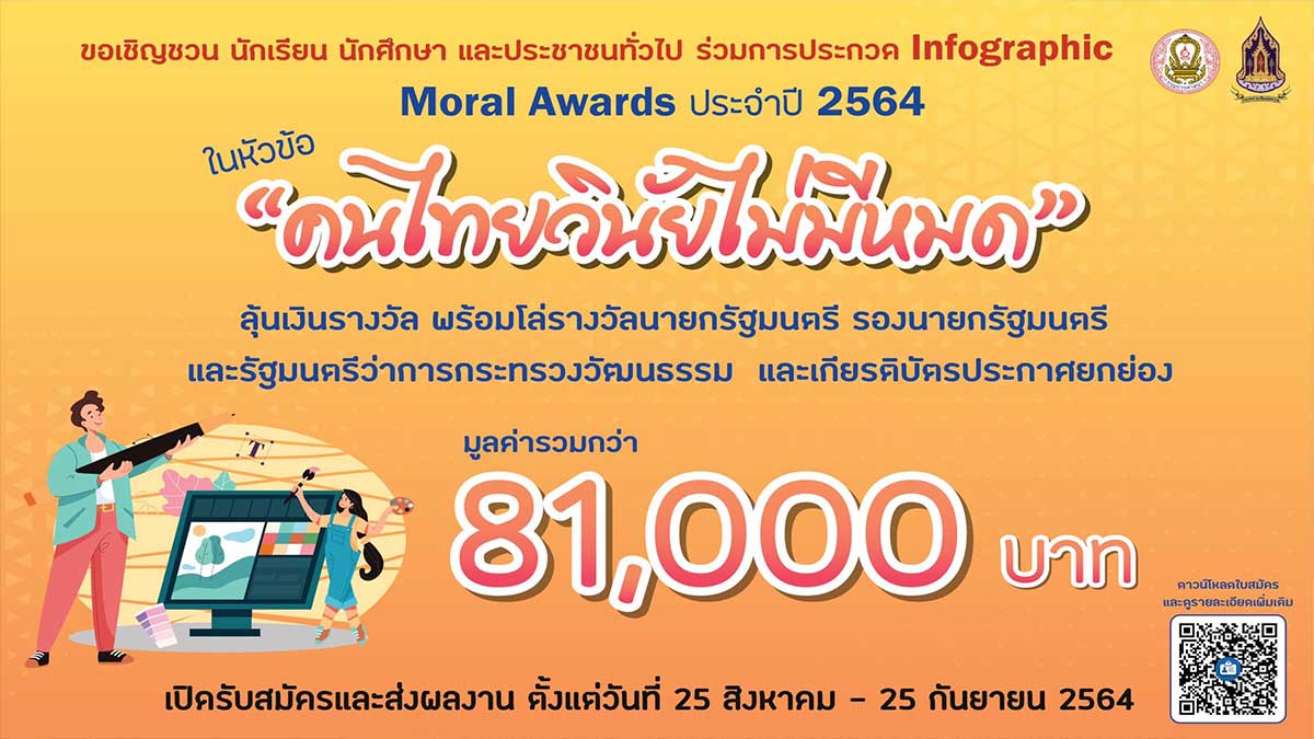 กรมการศาสนา จัดประกวด Infographic Moral Awards ประจำปี 2564 ในหัวข้อ "คนไทยวินัยไม่มีหมด" ส่งผลงานภายใน 25 กันยายน 64