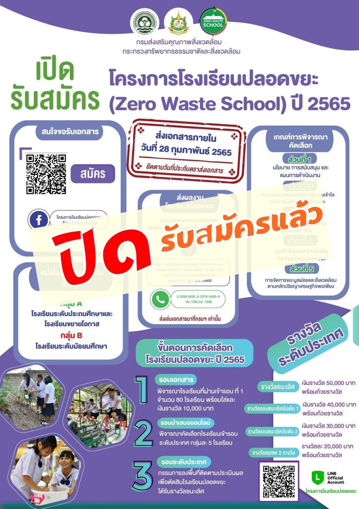 ประกาศรายชื่อโรงเรียนส่งเล่มรายงาน สมัครเข้าร่วมโครงการโรงเรียนปลอดขยะ ปี 2565