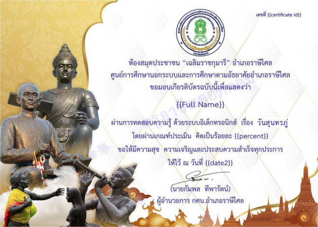 แบบทดสอบออนไลน์ เรื่อง วันสุนทรภู่ พร้อมรับเกียรติบัตรออนไลน์ เมื่อได้คะแนนร้อยละ 70 ขึ้นไป โดยห้องสมุดประชาชน "เฉลิมราชกุมารี" อำเภอราษีไศล จังหวัดศรีสะเกษ