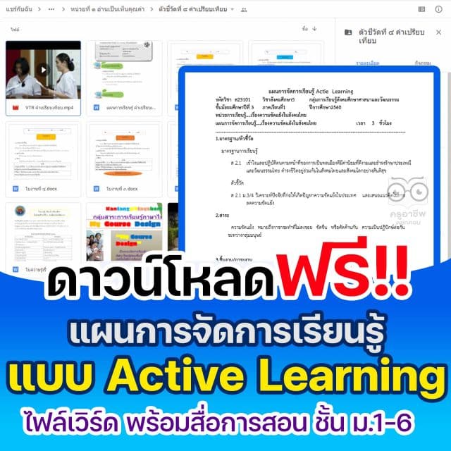 ดาวน์โหลด แผนการจัดการเรียนรู้แบบ Active Learning ไฟล์เวิร์ด พร้อมสื่อการสอน ชั้น ม.1-6