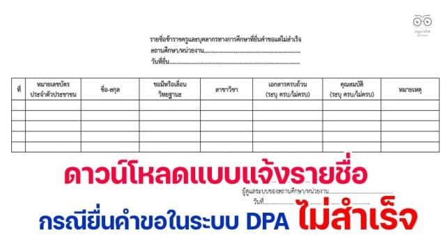 ดาวน์โหลด แบบแจ้งรายชื่อกรณียื่นคำขอในระบบ DPA ไม่สำเร็จ ในวันที่ 1 ตุลาคม โดย สำนักงาน ก.ค.ศ.