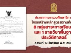 ประกาศกระทรวงศึกษาธิการ โครงสร้างหลักสูตรสถานศึกษา 8 กลุ่มสาระการเรียนรู้ และ 1 รายวิชาพื้นฐานประวัติศาสตร์ ลงวันที่ 19 ธันวาคม พ.ศ. 2565