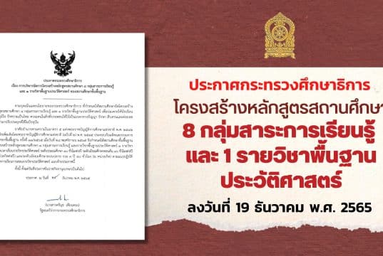 ประกาศกระทรวงศึกษาธิการ โครงสร้างหลักสูตรสถานศึกษา 8 กลุ่มสาระการเรียนรู้ และ 1 รายวิชาพื้นฐานประวัติศาสตร์ ลงวันที่ 19 ธันวาคม พ.ศ. 2565