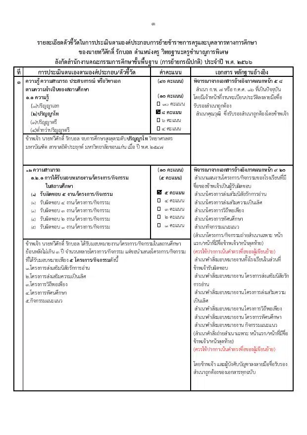 ตัวอย่างการเตรียมเอกสารหลักฐานอ้างอิง ตัวชี้วัดในการประเมินตามองค์ประกอบการย้ายครู ตัวอย่างการเปรียบเทียบค่าคะแนนกับเกณฑ์