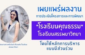 เผยแพร่ผลงาน การประเมินโครงการและการพัฒนา "โรงเรียนคุณธรรม" ของโรงเรียนสรรพยาวิทยา โดยใช้หลักการบริหารแบบมีส่วนร่วม โดยนางสาวเครือวัลล์ เที่ยงพลับ โรงเรียนสรรพยาวิทยา