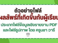 ตัวอย่างไฟล์รายงานผลลัพธ์ที่เกิดขึ้นกับผู้เรียน ประเภทไฟล์ข้อมูลเชิงรายงาน PDF และไฟล์รูปภาพ โดย ครูนชา วารี