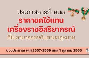 ราชกิจจานุเบกษา ประกาศการกำหนดราคาชดใช้แทนเครื่องราชอิสริยาภรณ์ที่ไม่สามารถส่งคืนตามกฎหมาย ปีงบประมาณ พ.ศ.2567-2569 มีผล 1 ตุลาคม 2566