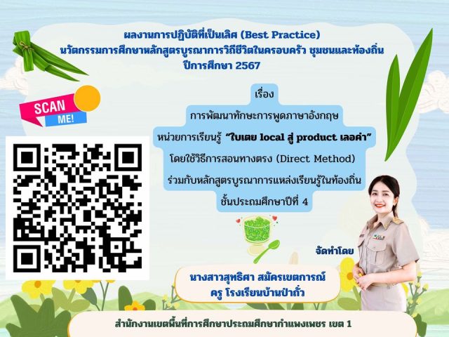 เผยแพร่ ผลงานการปฏิบัติที่เป็นเลิศ (Best Practice) นวัตกรรม เรื่อง การพัฒนาทักษะการพูดภาษาอังกฤษหน่วยการเรียนรู้ "ใบเตย local สู่ product เลอค่า" โดยใช้วิธีการสอนทางตรง (Direct Method)ร่วมกับหลักสูตรบูรณาการแหล่งเรียนรู้ในท้องถิ่น ชั้นประถมศึกษาปีที่ 4