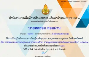 ทดสอบออนไลน์ เรื่อง การพัฒนาระบบประกันคุณภาพภายในสถานศึกษา ผ่านเกณฑ์ ร้อยละ 80 จะได้รับเกียรติบัตรทันทีทางอีเมล โดยสพป.กำแพงเพชร เขต 1