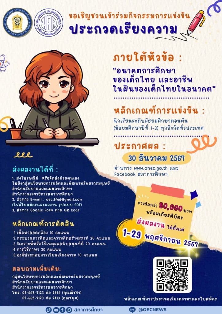 ขอเชิญร่วมส่งผลงานประกวดเรียงความ หัวข้อ “อนาคตการศึกษาของเด็กไทย และอาชีพในฝันของเด็กไทยในอนาคต” ชิงเงินรางวัลพร้อมเกียรติบัตร จากสภาการศึกษา