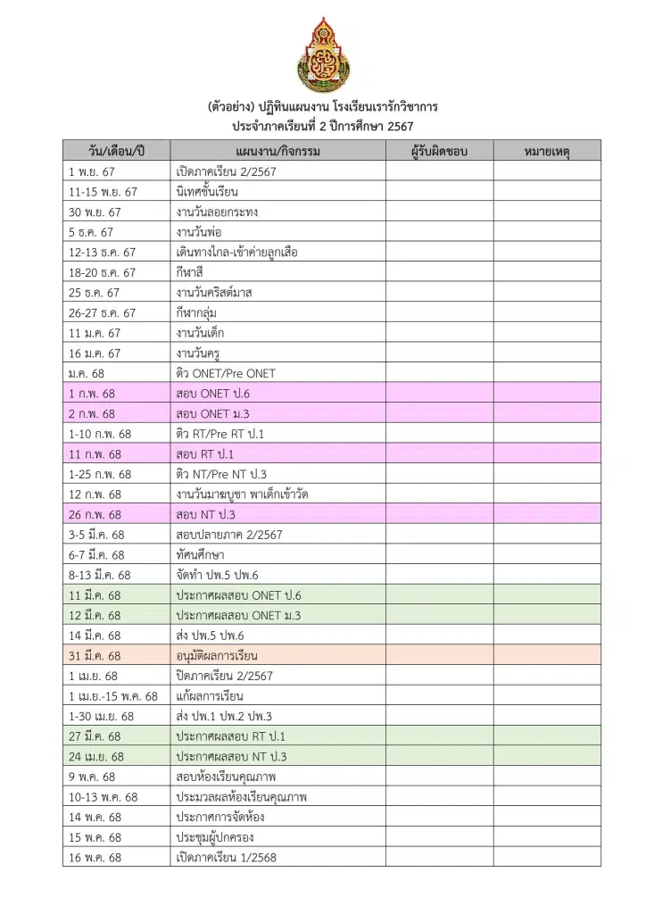 ดาวน์โหลดไฟล์ ตัวอย่างปฏิทินแผนงานโรงเรียน ภาคเรียนที่ 2/2567 - 1/2568 ไฟล์เวิร์ด โดยเพจวิชาการ