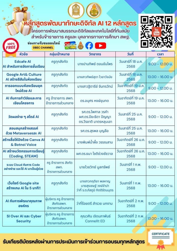 ศธ.มอบของขวัญปีใหม่ พัฒนาทักษะด้าน AI กับ 12 หลักสูตรสุดพิเศษ เริ่มเรียนได้ตั้งแต่วันที่ 18 มกราคม - 2 กุมภาพันธ์ 2568