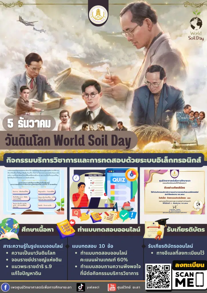 แบบทดสอบออนไลน์ เนื่องในวันดินโลก ประจำปีงบประมาณ2568 ผ่านเกณฑ์ 60% รับเกียรติบัตรทางอีเมล โดยศูนย์วิทยาศาสตร์เพื่อการศึกษายะลา