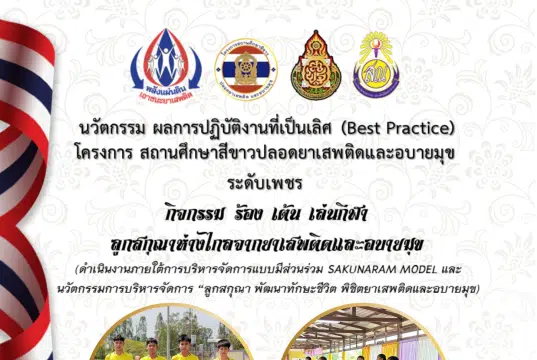 แจกไฟล์ นวัตกรรมหรือผลการปฏิบัติงานที่เป็นเลิศ (Best Practice) โครงการสถานศึกษาสีขาวปลอดยาเสพติดและอบายมุขระดับเพชรปี 2566 โดยโรงเรียนวัดสกุณาราม(ประสิทธิ์ชัยประชาสรรค์)